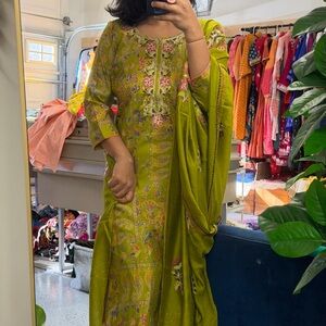 Elegant Green Floral embroidered suit set